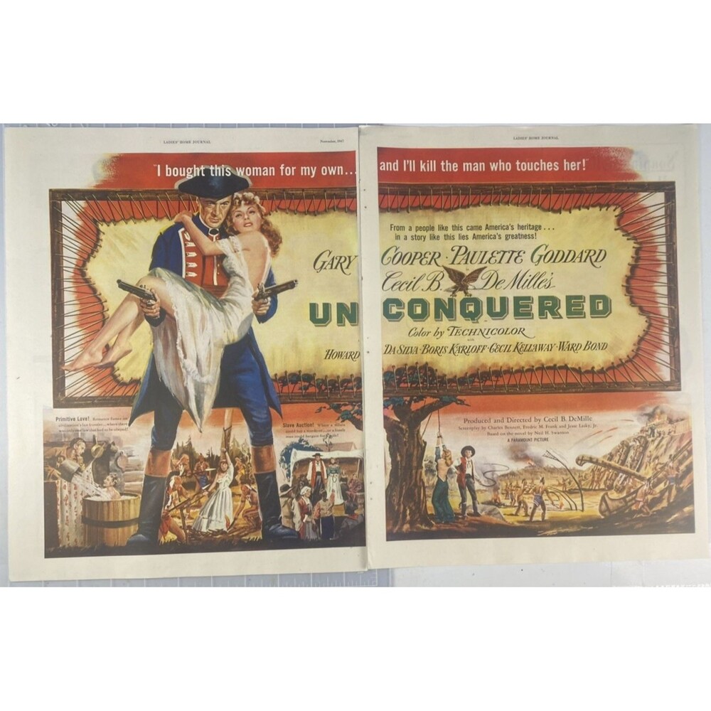 Gary Cooper & Paulette Goddard "Unconquered" 2-Page Vintage Print Ad Circa 1947